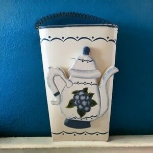 Teapot Wall Sign Blueberry Wooden Metal Pouch Pocket Blue White Plaque